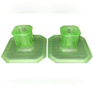 2 Vintage Tiffin Art Deco Green Uranium Candlestick Holders Set